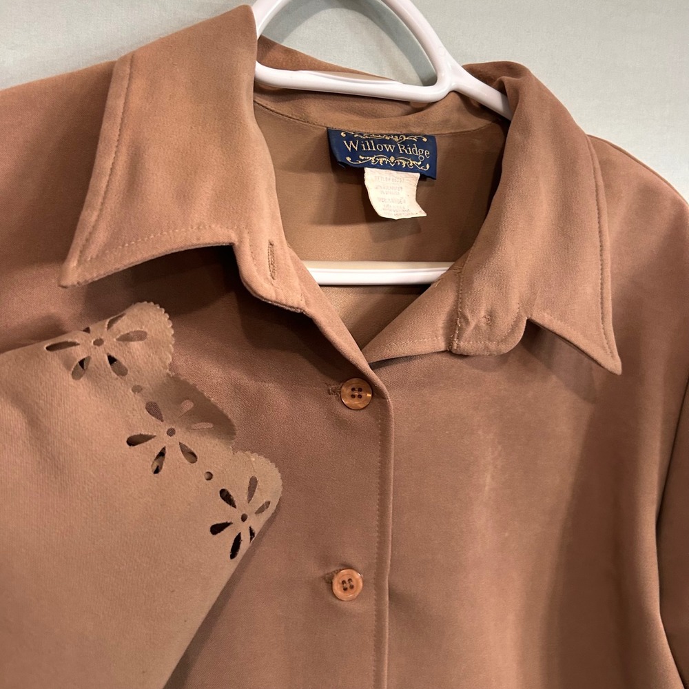 Willow Ridge Camel Faux Suede Western Floral Hem Boho Shirt Petite Large
